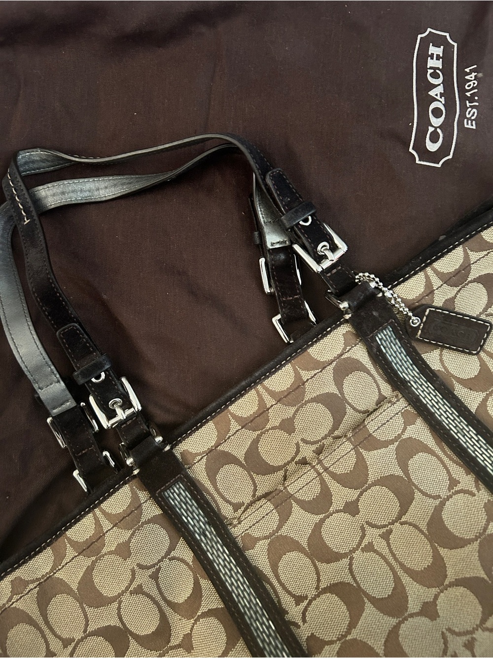 Vintage Coach Signature Jacquard Beaded Tote Bag Brown 8K53